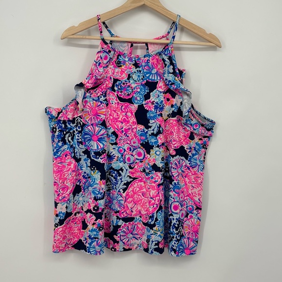 Lilly Pulitzer Billie high tide turtle print Halter Neck tank Top Large Ruffle - Picture 5 of 10